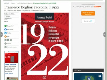 1922 di Francesco Bogliari recensito su Ansa, 15/07/2022